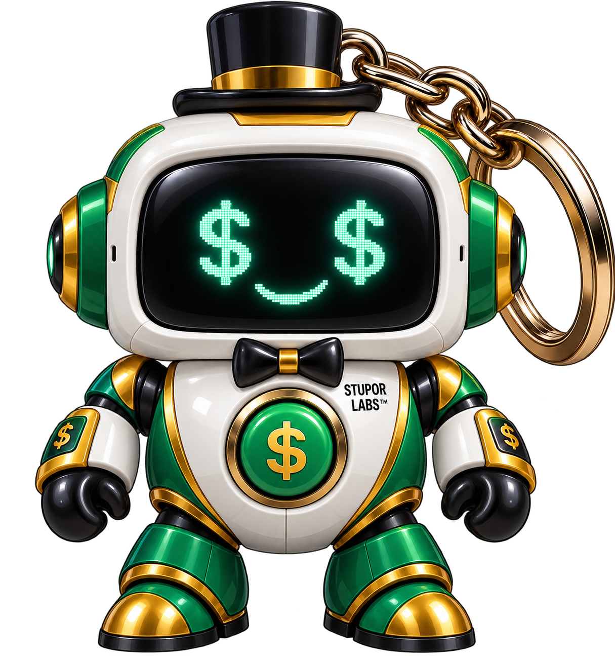 Bazo, the green robot with dollar-sign eyes