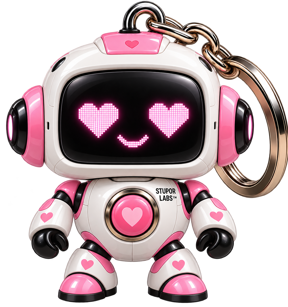 Murk, the pink heart-eyed robot
