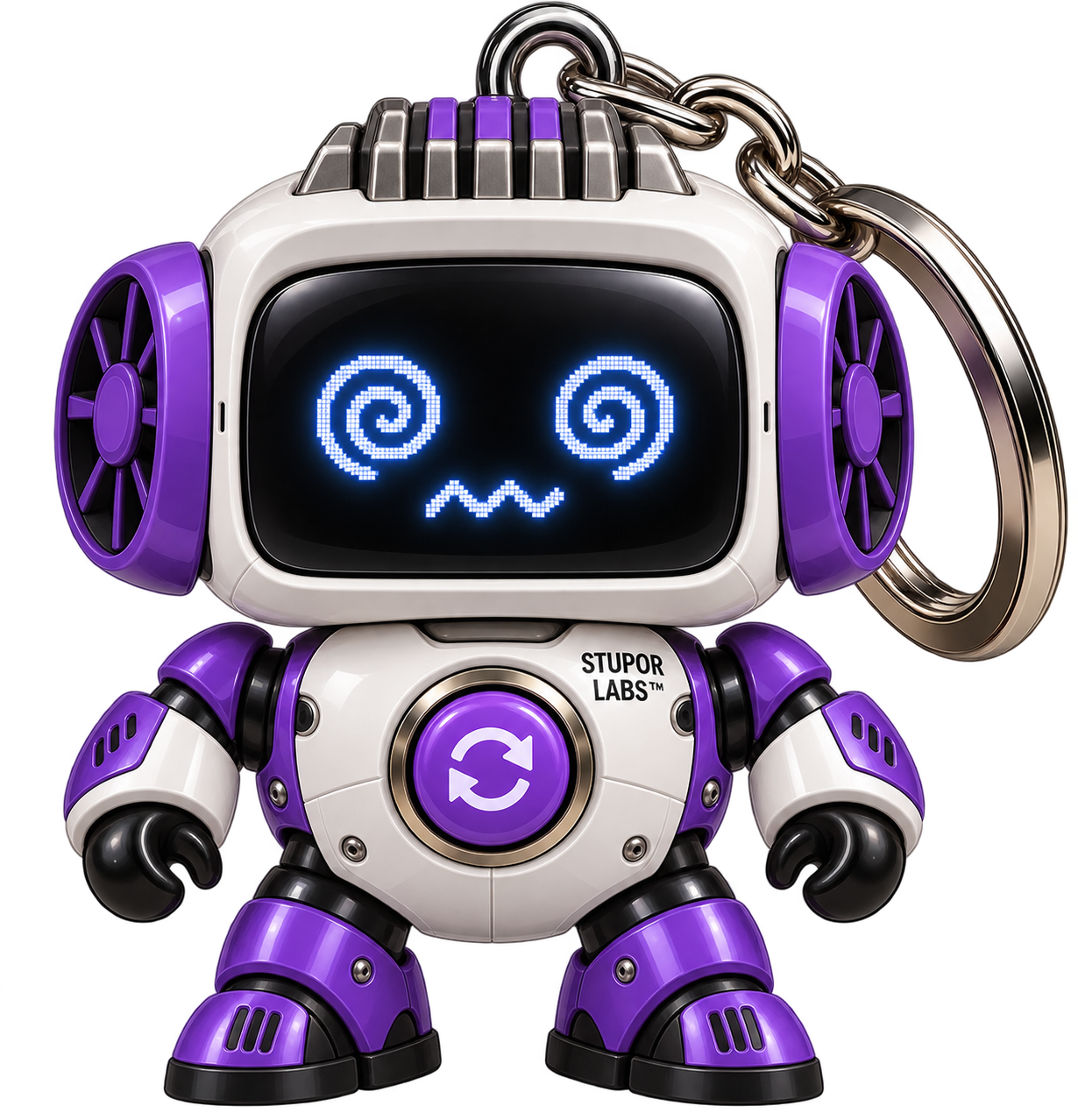 Jonsen, the purple robot with spiral eyes